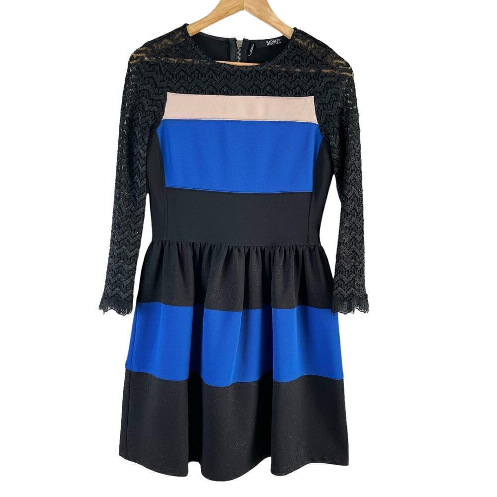 Badgley Mischka Colorblock Lace Sleeves Fit Flare Cocktail Dress Black Blue, S‎